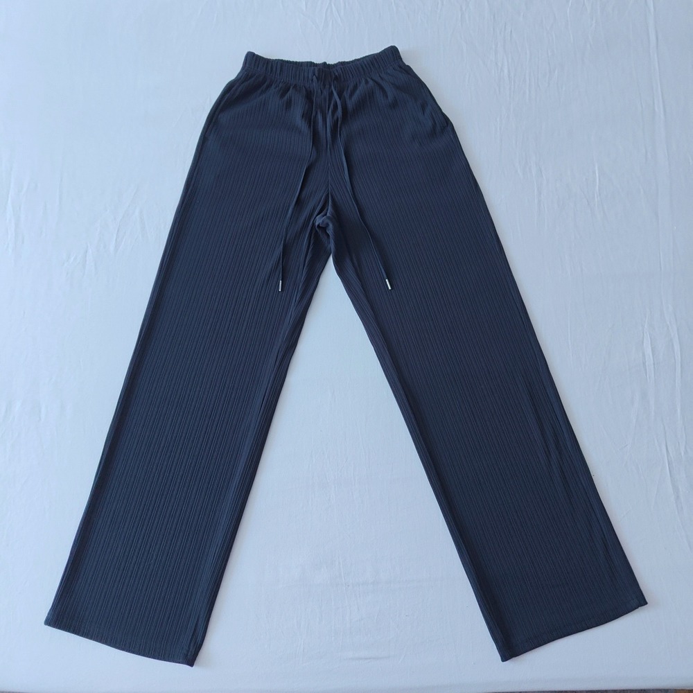 GU Women Black Ribbed Wide Leg Relaxed Pants Elastic Waist Small High Waist